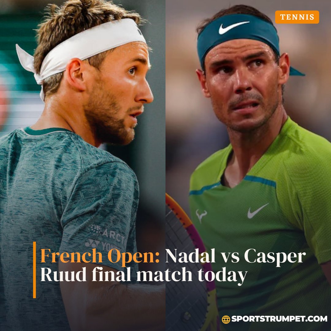 Sportstrumpet's tweet photo. French Open: Rafael Nadal and Casper Rudd will clash in the men’s singles final of the French Open 2022

Read Here: https://t.co/BAxliGSylz

#rafaelnadal #casperruud #frenchopen #tennis #singlesfinal #tennis🎾 https://t.co/fiWPsEljmq