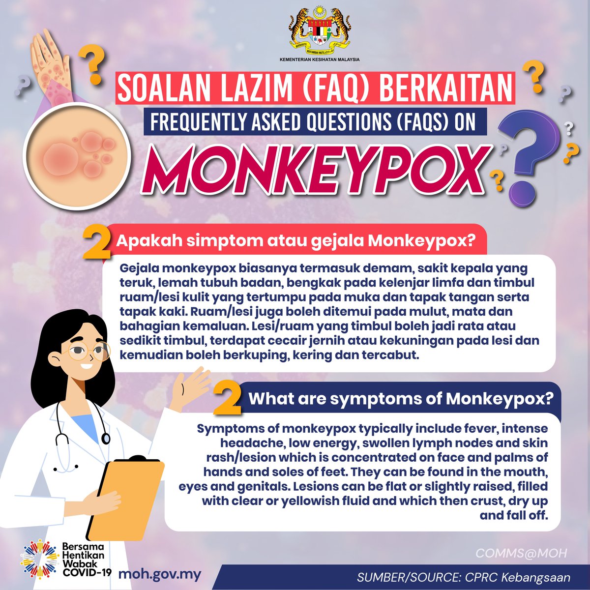 KKMPutrajaya's tweet photo. Antara gejala cacar monyet (monkeypox) adalah:  

🔴 Ruam/lesi kulit - di muka, tangan, kaki, mulut, alat kelamin
🔴 Demam 
🔴 Rasa tidak selesa atau lemah tubuh badan
🔴 Sakit kepala  
🔴 Keletihan 
🔴 Bengkak pada kelenjar limfa https://t.co/xeXCfYpf7L