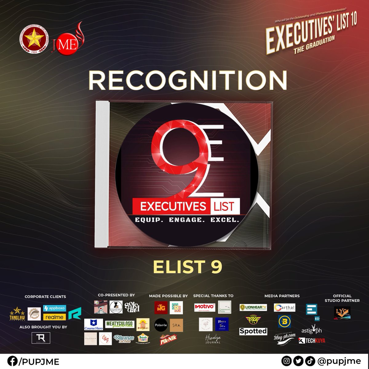 pupjme's tweet photo. Executives’ List 9: Equip, Engage, Excel was put on hold last March 2020 due to the pandemic. And TODAY, we will acknowledge all the remaining E-LISTERS of Executives’ List 9 to officially close the edition. 

#ExecutivesList9
#ExecutivesList10
#TheGraduation
#PUPJME https://t.co/ayjftyAWYd