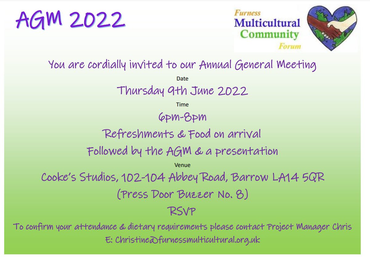 You are cordially invited to our AGM on 9th June, please contact our project manager Chris to confirm attendance. We look forward to seeing you