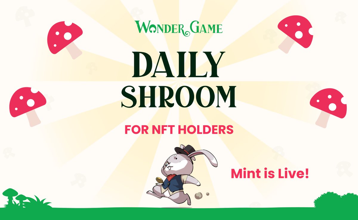 wonderdotgame's tweet photo. 1/ As we get close to 5k NFTs being minted we want to announce a utility that we hadn’t talked about before!

Wonder Game will be distributing SHROOM to our NFT holders on a daily basis until the game is released! 🧵

Giveaway - 1 NFT ✨
Like, Follow @wonderdotgame, Tag 3 friends https://t.co/U5OZrOTqRQ