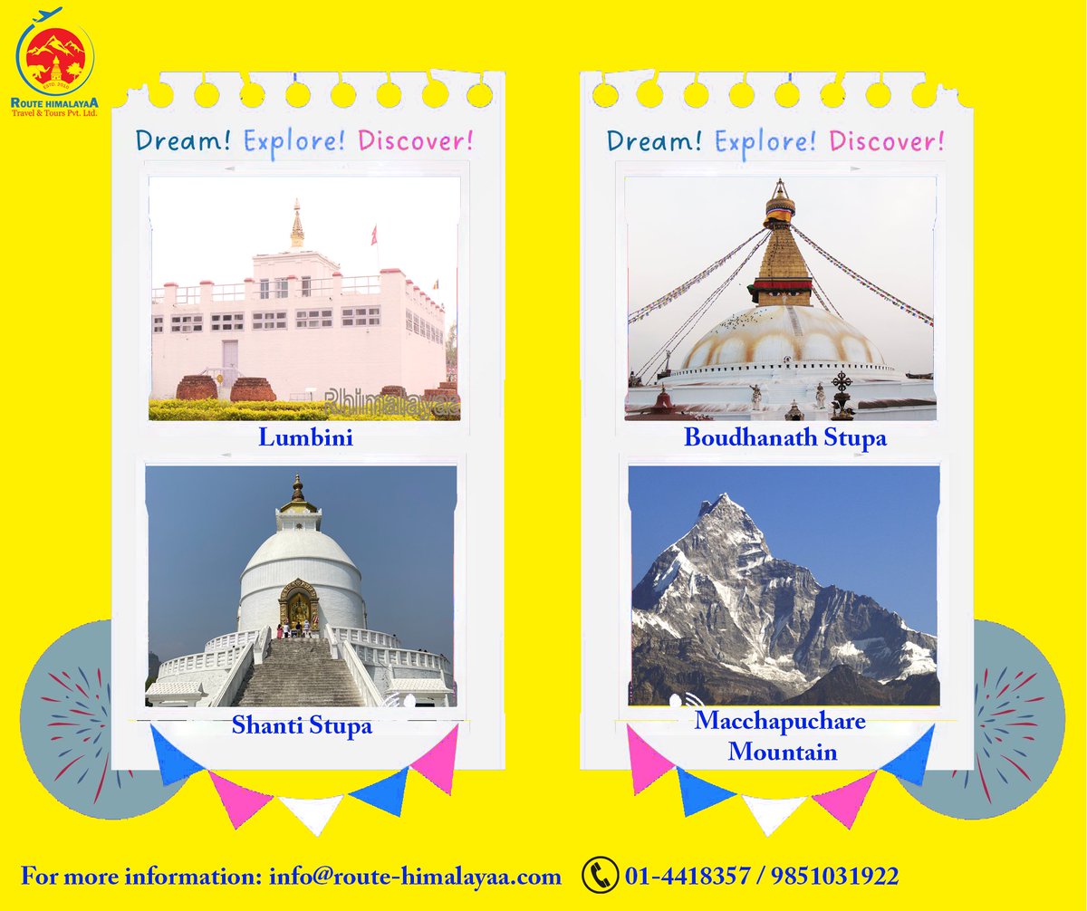 HimalayaaRoute's tweet photo. We have covered versatile destinations for you. Lumbini,
Boudhanath Stupa - A sacred monastery with the white gompa
Shnati-Stupa - Noma Buddhaya for peace and composure
Macchapuchare - the mountain is well known as the fishtail.
For more gallery
https://t.co/1XhCXmDjwW https://t.co/3C0IOO5yqN