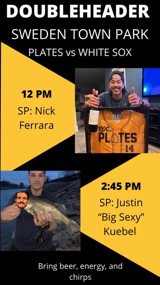 Roc_Plates's tweet photo. Catch us at Sweden Town Park at noon with your starting pitchers @Nick_Ferrara5 and @JKuebel against the White Sox! https://t.co/BoKI6s6bRM