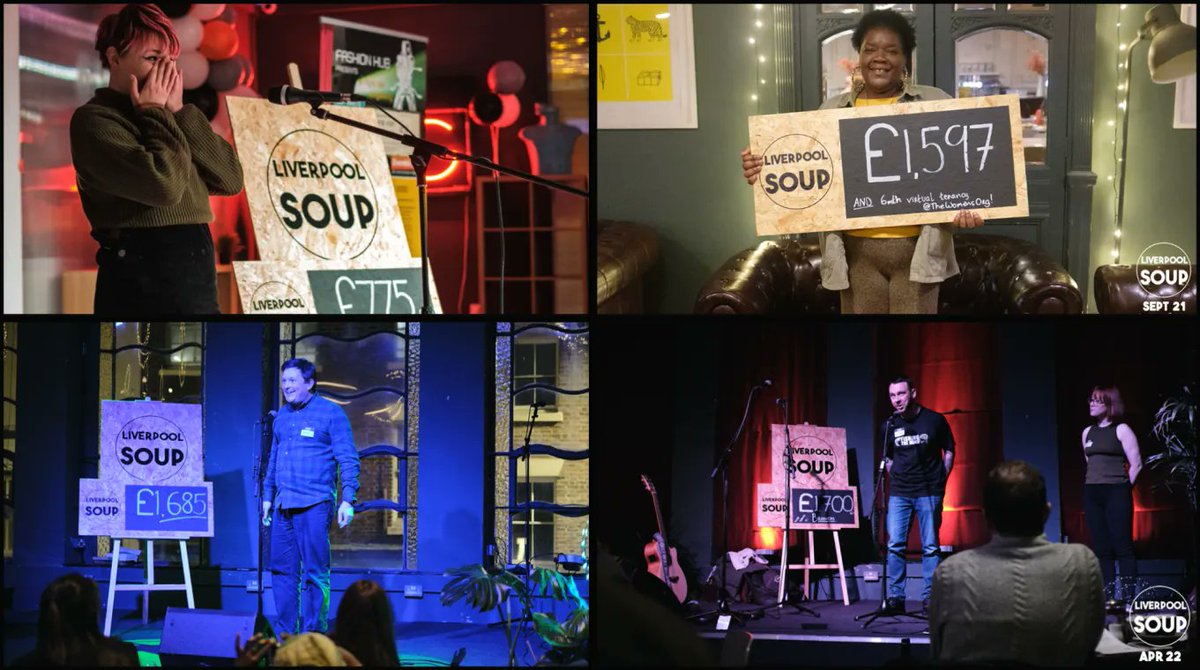 Want to feel as happy as <a href="/wings_radicles/">Wings & Radicles</a> <a href="/BettyliciousC/">BettyliciousCooks</a> @PtsdSole and <a href="/fishingthemind/">FishingTheMind CIC🎣🧠 ®️</a>?!
Apply now to pitch at the next #LiverpoolSOUP event on 7th July at Leaf on Bold Street: buff.ly/3suuJbj