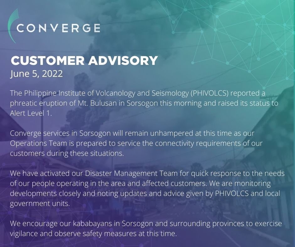 ExperienceCNVRG's tweet photo. Our services in Sorsogon will remain unhampered at this time as our Operations Team is prepared to service the connectivity requirements of our customers during these situations. #BulusanPH https://t.co/m3wdobhuLw
