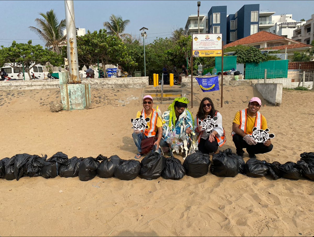 IndiGo6E's tweet photo. Who doesn’t love a beach day? Especially when it’s for a good cause. 

IndiGoReach organised a beach clean-up drive in Chennai’s Thiruvanmiyur Beach with 35+ members of the 6E family. We were able to free the beach from almost 95 kg of trash. #OnlyOneEarth #WorldEnvironmentDay https://t.co/3WfnGCKrmw