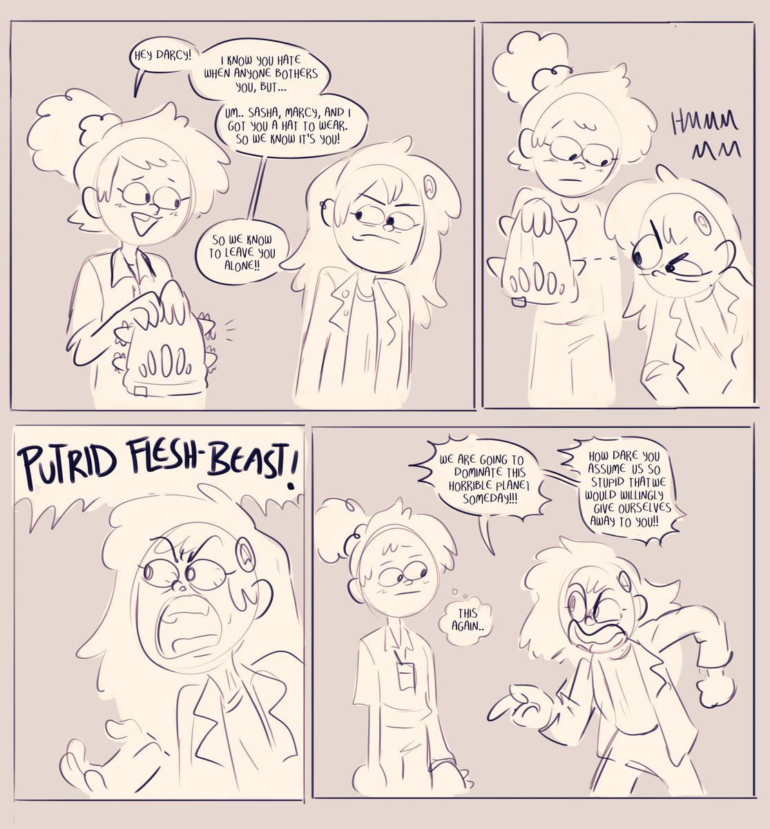 cosmic_dia's tweet image. my post canon darcy idea ... it sticks around as a compartmentalization of marcy's trauma, occasionally controlling her body. it still thinks its a supercomputer that can take over the world. but despite its belligerence, anne and sasha want to be helpful