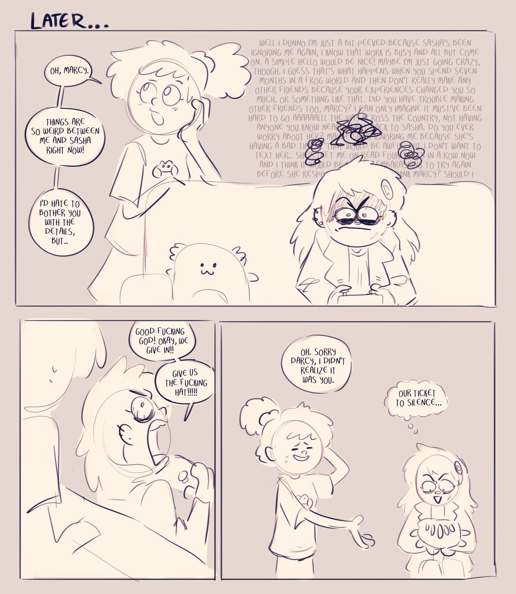 cosmic_dia's tweet image. my post canon darcy idea ... it sticks around as a compartmentalization of marcy's trauma, occasionally controlling her body. it still thinks its a supercomputer that can take over the world. but despite its belligerence, anne and sasha want to be helpful