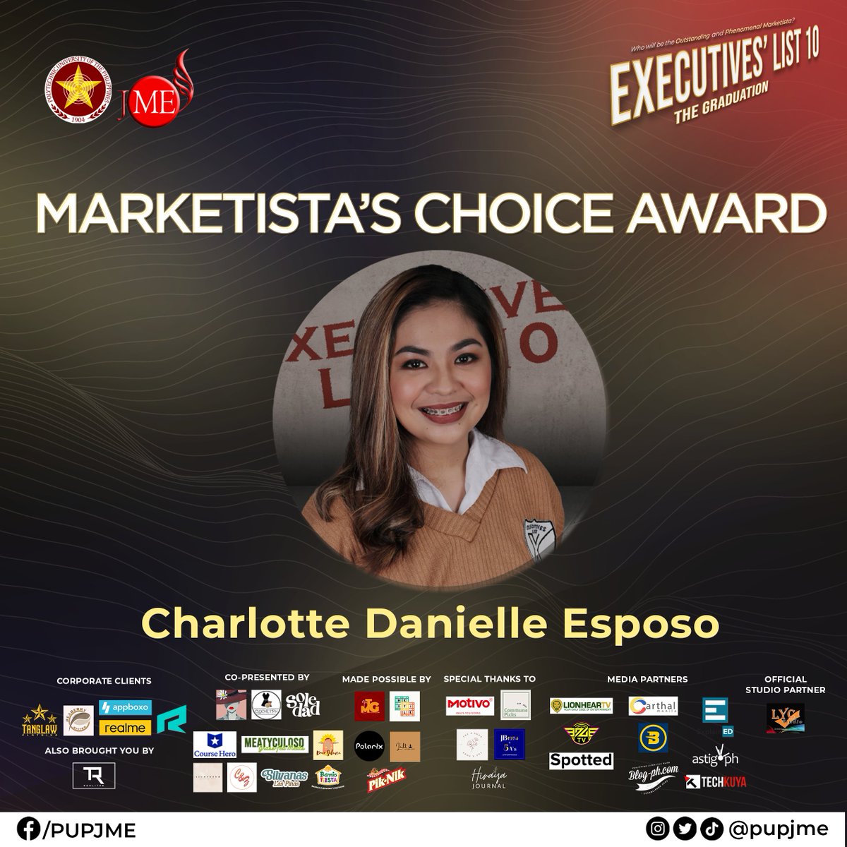 pupjme's tweet photo. Without a doubt, you’re a star! 

This year’s Marketistas Choice Awards goes to E-LISTER Charlotte Danielle Esposo who has shown her creativity, wit, and enthusiasm to be at the top.

#ExecutivesList10
#TheGraduation
#PUPJME https://t.co/yoMQYDXMlk
