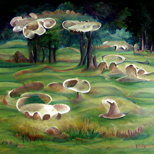 O_T_Human's tweet photo. Landscape involving a fairy ring of mushrooms (#YACD) #art #artist #artwork #nft #nfts #nftcollector https://t.co/2gGEVVJwTd
