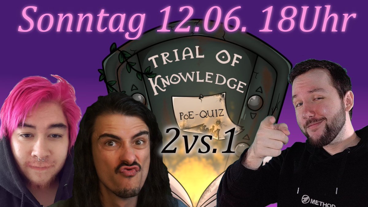Endlich ist es wieder so weit. Diesmal versuchen <a href="/Pillebrille/">Pillebrille</a>  und <a href="/Terranigma94/">Paul Terra</a>  sich zusammen gegen <a href="/saltydayn/">Saltydayn</a>  zu beweisen. Kann Salty seine Siegessträhne auch mit diesem Handycap noch halten? Schaltet ein, am Sonntag den 12.06. um 18Uhr auf Twitch. #TrialofKnowledge #PoEQuiz