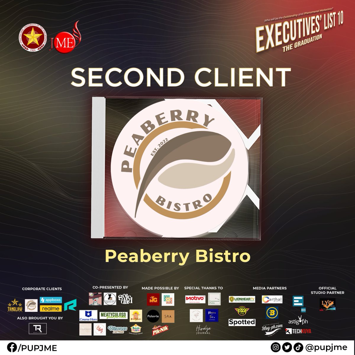 pupjme's tweet photo. Happeaberry Day! 

Peaberry Bistro surely reaches the marketistas not only in their creative strategy but most especially in their satisfying craving foods and beverages. 

Thank you so much, Peaberry Bistro!  

#ExecutivesList10
#TheGraduation
#PUPJMExPeaberryBistro
#PUPJME https://t.co/q4E2NSZqys