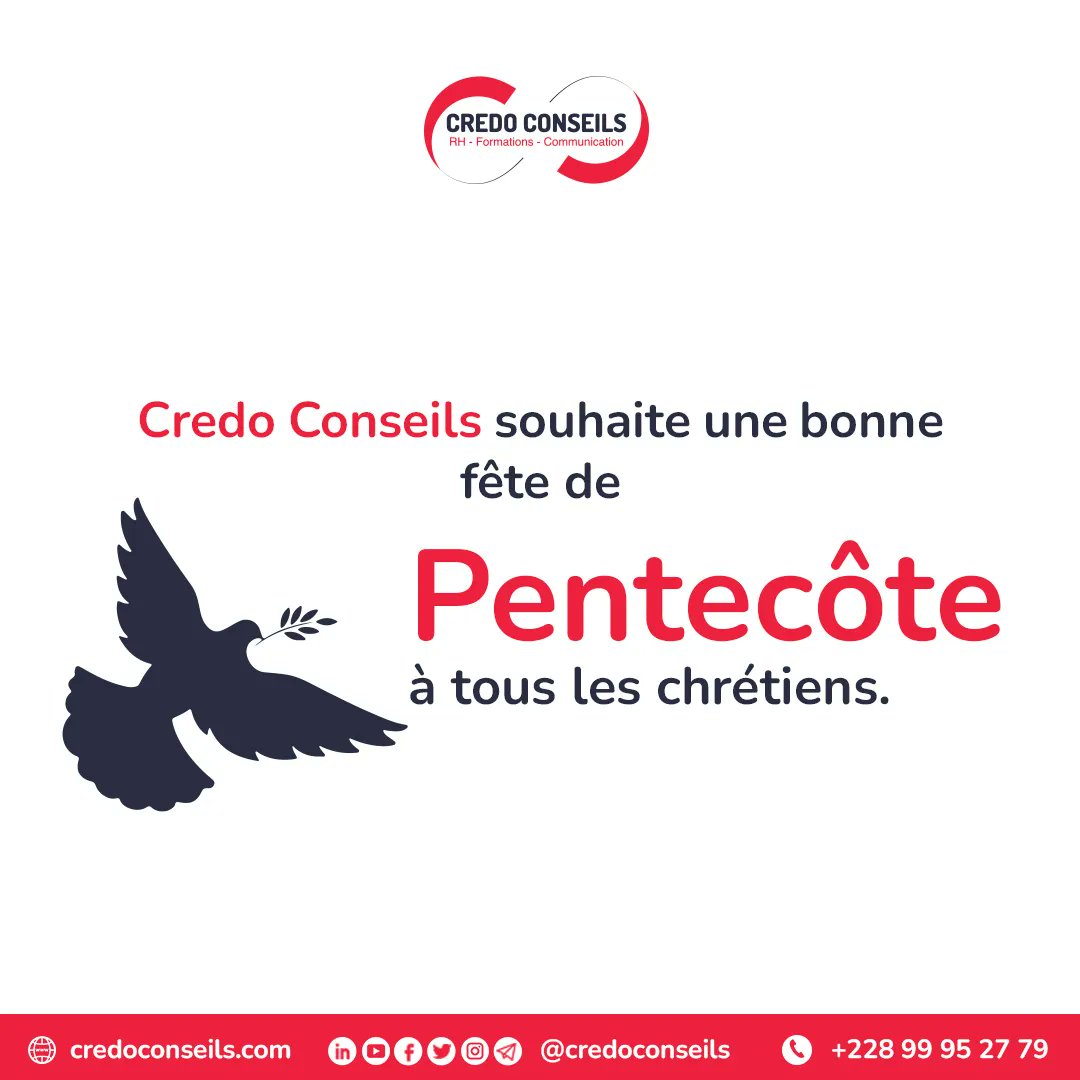 CredoConseils's tweet photo. CREDO CONSEILS souhaite une bonne fête 🎉 de #Pentecôte à tous les chrétiens ✝️
#pentecoteday #pentecotesunday #credoconseils #RH
#Embauche #Entretien #emploi #coachemploi #recherchedemploi #trouverunemploi #emploitogo https://t.co/IQtYzIgYf2