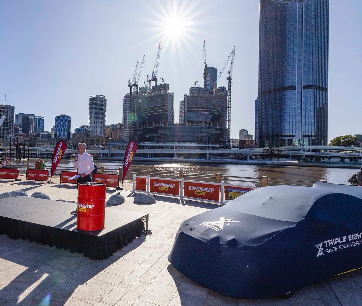 Thrusta1's tweet photo. Flying visit to Bris to help launch the Supercheap Auto Bathurst wildcard entry for Craig Lowndes & Declan Fraser. Magic morning for it! Pics c/- Mark Horsburgh ๐คโฐ
#mc #supercars #supercheapauto #makeitsuper #motorsport #bathurst1000 #rustysgarage #lowndesyanddecca https://t.co/zwcL1qYbr3