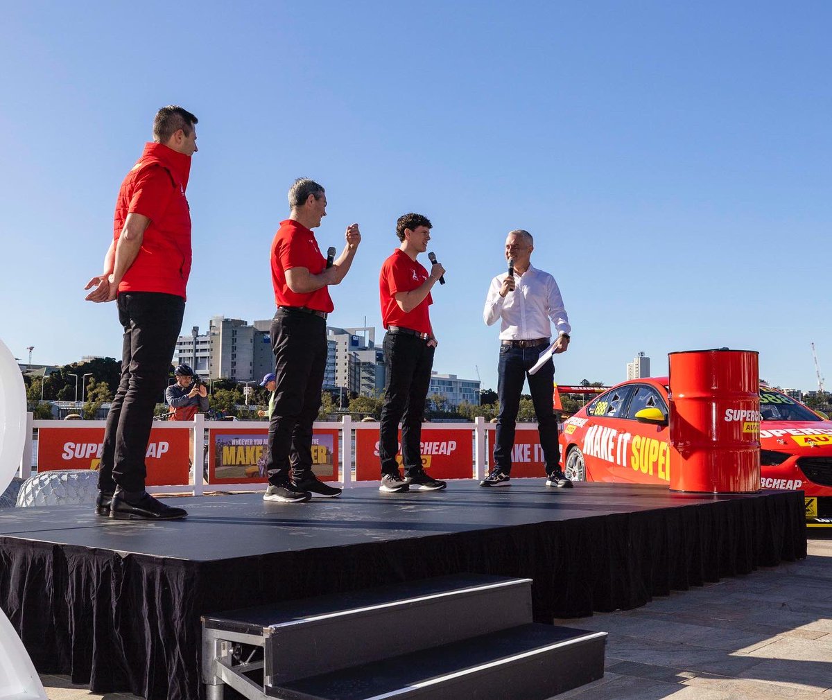 Thrusta1's tweet photo. Flying visit to Bris to help launch the Supercheap Auto Bathurst wildcard entry for Craig Lowndes & Declan Fraser. Magic morning for it! Pics c/- Mark Horsburgh ๐คโฐ
#mc #supercars #supercheapauto #makeitsuper #motorsport #bathurst1000 #rustysgarage #lowndesyanddecca https://t.co/zwcL1qYbr3