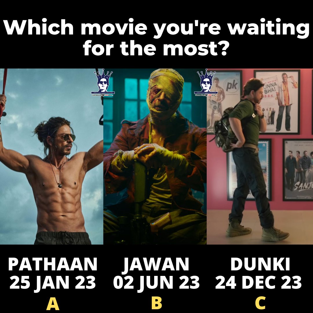 teamsrkfc's tweet photo. Which movie you're eagerly waiting for? 😍

A] #Pathaan
B] #Jawan
C] #Dunki
D] All of the above ❤️

@yrf
@RedChilliesEnt
@Atlee_dir
@RajkumarHirani
@iamsrk

#ShahRukhKhan #SRK #TeamShahRukhKhan https://t.co/5bzQXvqNz8