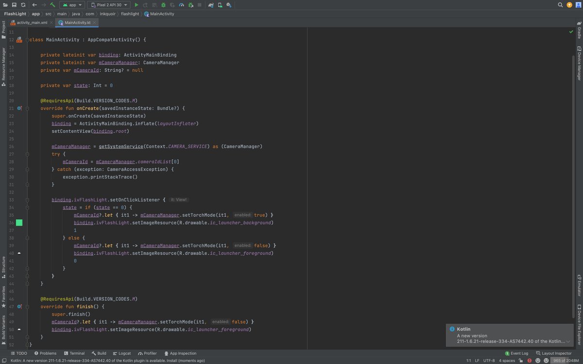 ikhlaqmalik__'s tweet photo. Ever wondered how flash light application works. Below is the coding snippet showing how?
#AndroidDev #programming
#Android #android_studio #kotlin https://t.co/4Qau7FjB8d