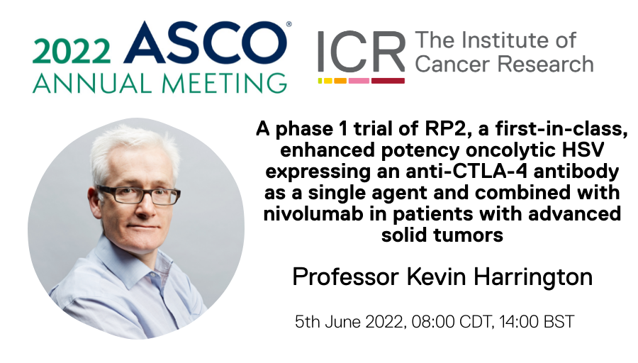 ICR_London's tweet photo. Today, Prof. Kevin Harrington (ICR/@cancerBRC) will present on a trial of RP2, a first-in-class, enhanced potency oncolytic HSV expressing an anti-CTLA-4 antibody as a single agent and combined with nivolumab in patients with advanced solid tumors in the #ASCO22 poster session. https://t.co/tzlVuM4lJp
