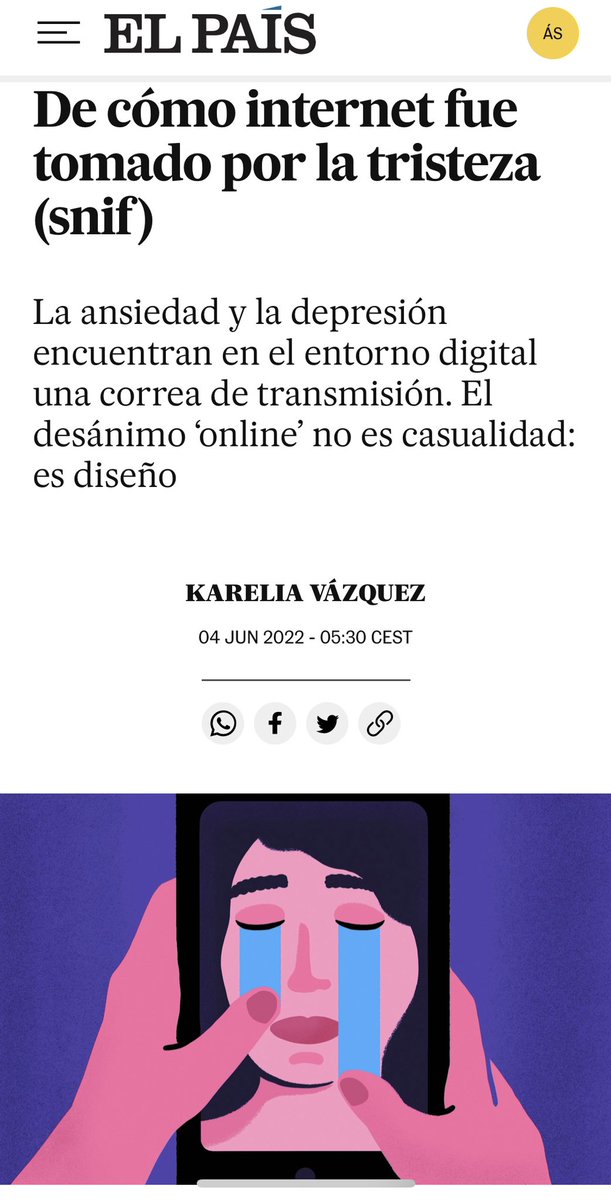 angel_secades's tweet photo. Estupendo artículo de @Kareliavt en @el_pais 
Internet y las redes sociales no solo viralizan y amplifican datos: también emociones.
La parte más incómoda de este fenómeno es la distorsión que puede crear cuando no estamos en nuestro mejor estado de ánimo. https://t.co/d7LGlYhWAo