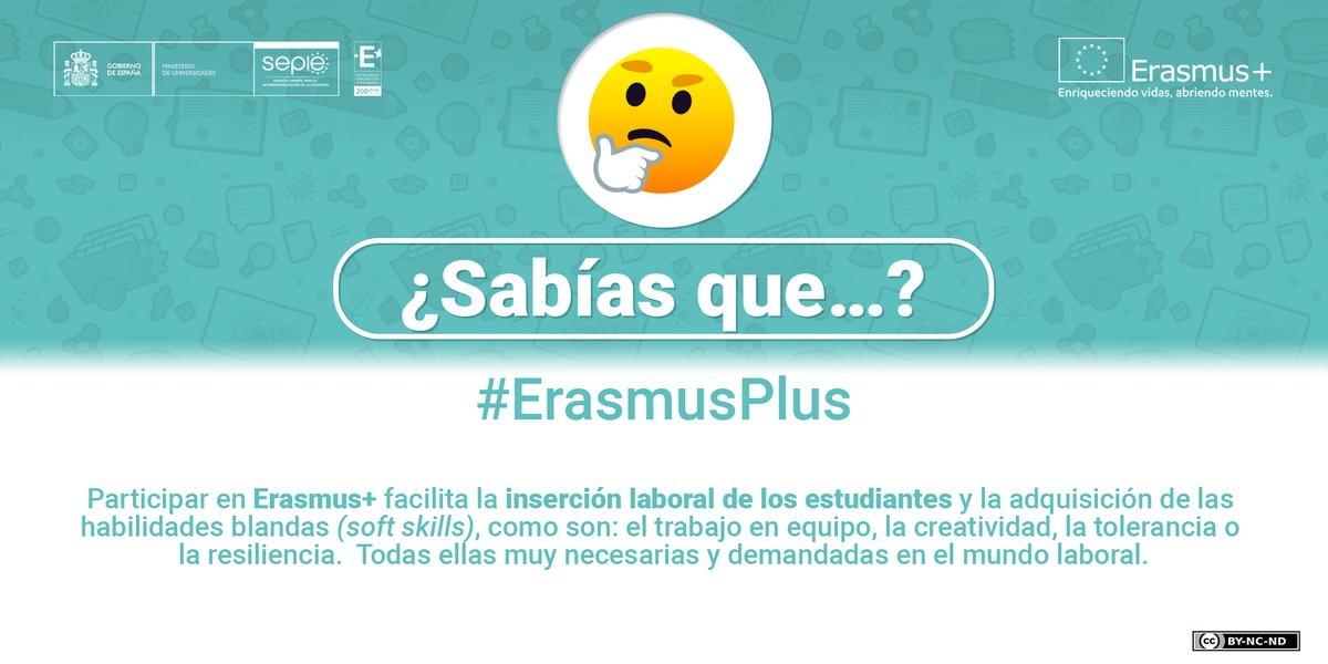 Participar en #ErasmusPlus facilita la inserción laboral de estudiantes y la adquisición de las habilidades blandas (soft skills), como son: el trabajo en equipo, la creatividad, la tolerancia o la resiliencia.