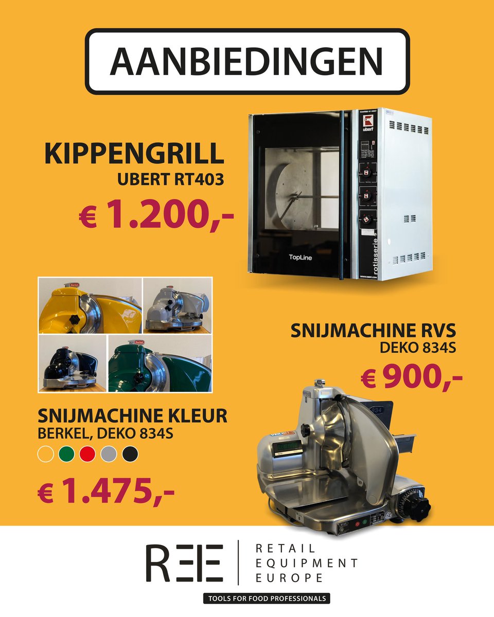 𝙎𝙢𝙖𝙠𝙚𝙡𝙞𝙟𝙠𝙚 𝙖𝙖𝙣𝙗𝙞𝙚𝙙𝙞𝙣𝙜𝙚𝙣!

𝗞𝗜𝗣𝗚𝗥𝗜𝗟𝗟 Ubert RT403, NU voor €1200 ex. btw.

𝗦𝗡𝗜𝗝𝗠𝗔𝗖𝗛𝗜𝗡𝗘 Berkel Deko 834S
Keuze uit verschillende kleuren, voor €1475
RVS voor €975

Kijk voor meer aanbiedingen op retailequipment.eu