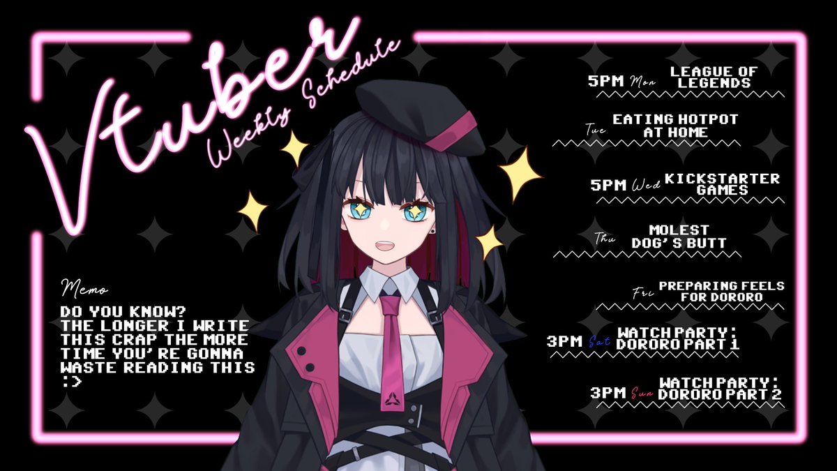 JustMelphine's tweet photo. ┘STREAM SCHEDULE - 6/6~6/12┌
► https://t.co/hkzkRMEu1W 
► https://t.co/wx4pi7z4Uu

MON/5PM → #LeagueOfLegends 
WED/5PM → #Kickstarter 
 SAT/3PM  → #Dororo Watch Party
SUN/3PM  → #Dororo Watch Party

🎨 #PhineArt
✂️ #PhineClips
😂 #MemeRu

#Vtuber #ENVtuber #VTuberUprising https://t.co/58gzPcUoEc