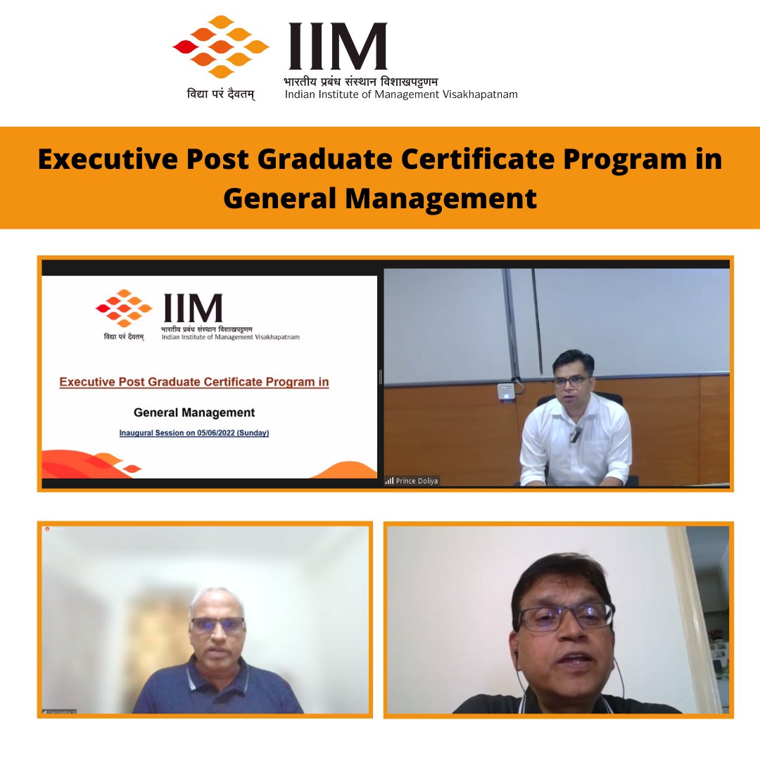 IIM_Vizag's tweet photo. #IIMVisakhapatnam launched the virtual Executive Post Graduate #Certificate Program in General #Management for working #professionals on 5 June 2022. 
#EventsAtIIMV #Online #Certificate #PG #Training  #Inauguration #NuLearn  #IIMV #TheSunriseIIM https://t.co/Janeqr8m2h