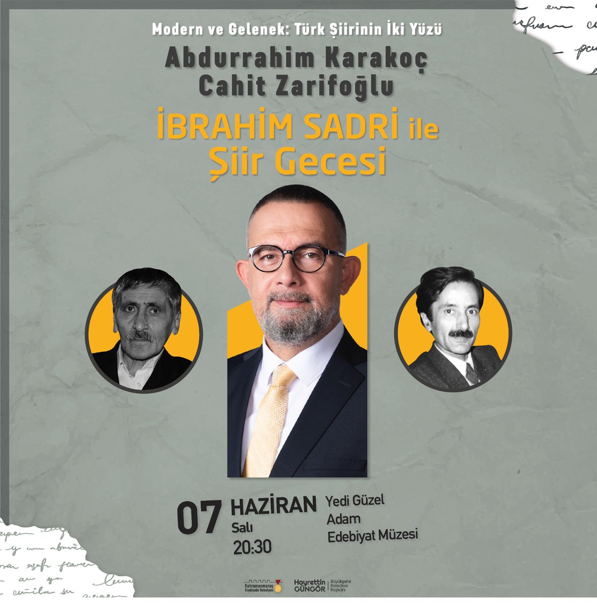 07 Haziran iki büyük değerimizin vefat yıldönümü. Abdurrahim Karakoç ve Cahit Zarifoğlu'nu "İbrahim Sadri ile Şiir Gecesi" programı ile anıyoruz. Rahmet ve minnetle...
#cahitzarifoglu 
#abdurrahimkarakoc 
#ibrahimsadri