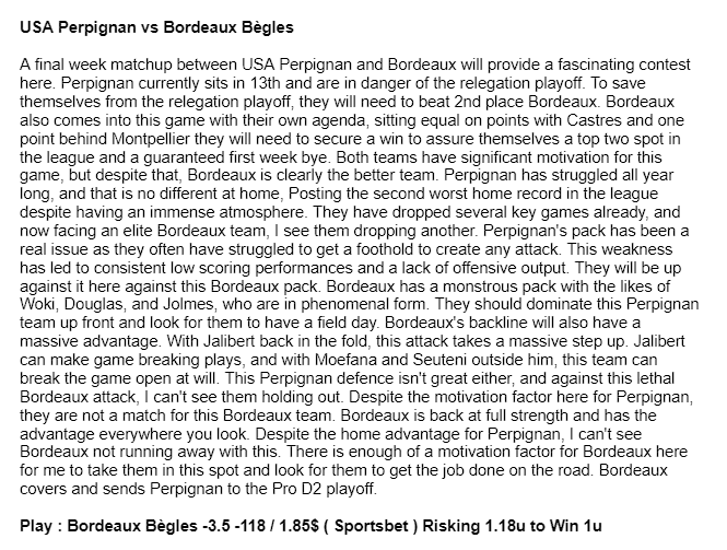 🇫🇷 Top 14 Rugby #Top14
USA Perpignan 🟡🔴 vs Bordeaux Bègles 🦁
Play : Bordeaux Bègles -3.5 -118 / 1.85$ ( Sportsbet ) Risking 1.18u to Win 1u
GL if tailing