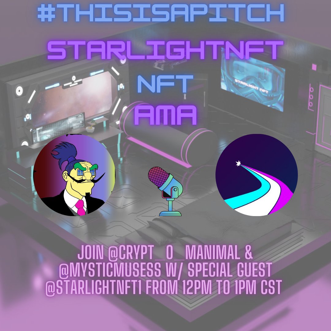 Join me and @MysticMuseSS today for #ThisIsAPitch with special guest <a href="/Starlightnft1/">StarlightNFT</a> 

AMA today from 12pm to 1pm CST 🎙 

Chance for #NFTGiveaway if you join and stay till the end of the AMA! 

Can't wait to see you there!!

 x.com/i/spaces/1LyxB…