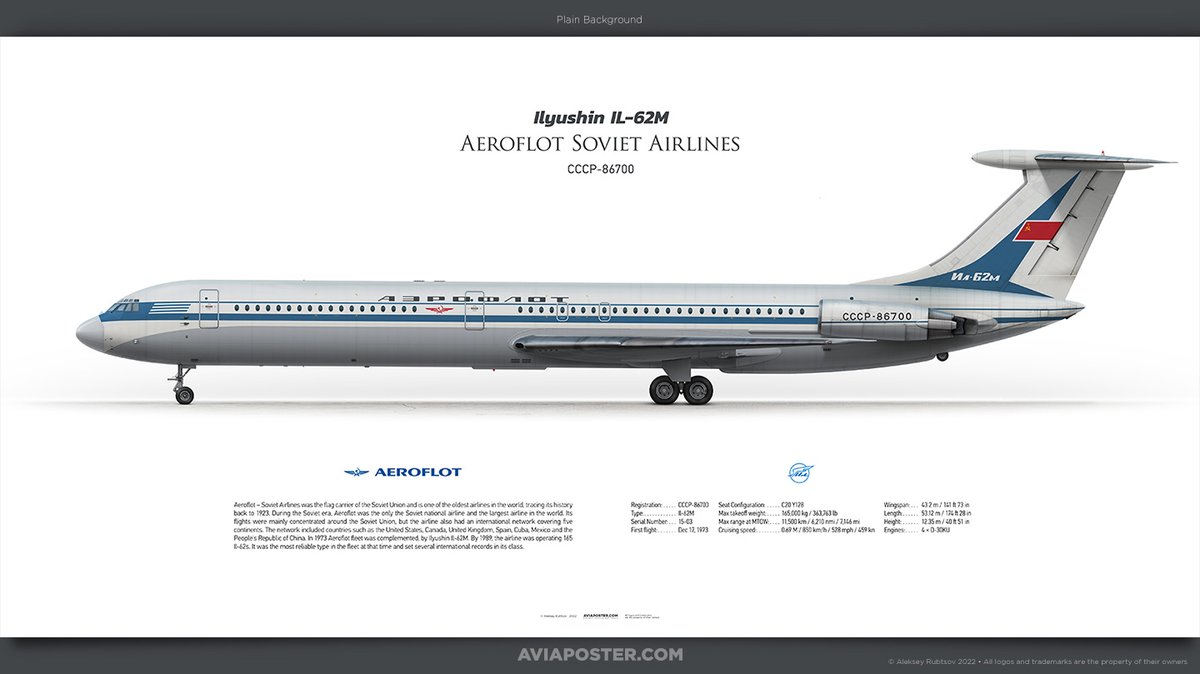 Rulexy2's tweet photo. Ilyushin Il-62M Aeroflot – Soviet Airlines
Registration: СССР-86700
Type: Il-62M
Engines: 4 × D-30KU
Serial Number: 15-03
First flight: Dec 17, 1973
Poster for Aviators.
https://t.co/pnIiTmFJwU
#aviation #avgeek #avgeeks #aircraft #Ильюшин #Ил62 #Ilyushin #Il62M https://t.co/7IuoUJpHRt