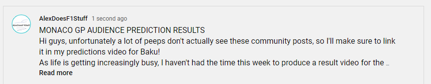 AlexDoesF1Stuff's tweet photo. Head on over to my community tab to see the results of the audience prediciton championship for the Monaco race!
Haven't had the time sadly to make it into a full video, but the results are there to see!

#F1 #Formula1 https://t.co/F9PBJbD7LM