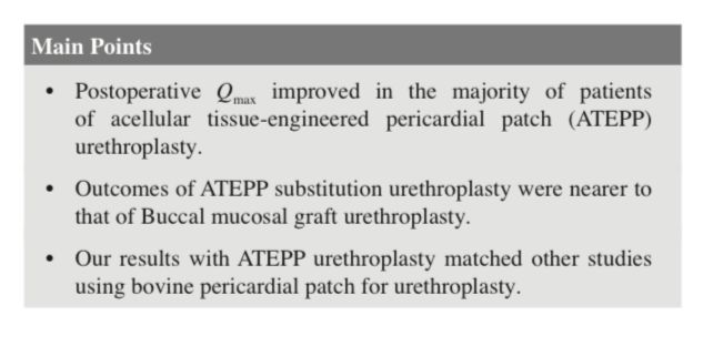 Acellular Tissue Engineered Pericardial Patch Urethroplasty: A New Horizon of Substitution Urethroplasty

S. Choudry et al. 

#urethralstricture #ATEPP #urethroplasty #uroflowmetry

Article Link :
 turkishjournalofurology.com/en/acellular-t…