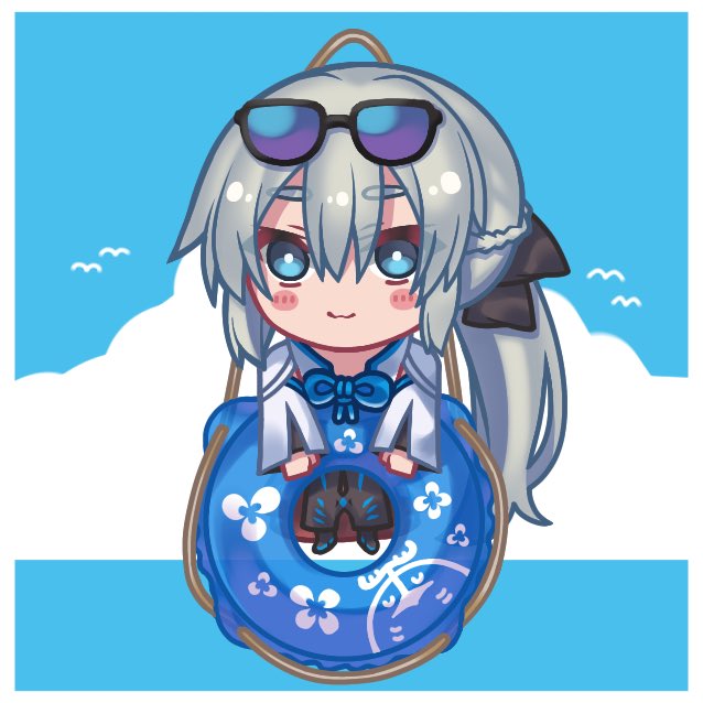 morgan le fay (fate) 1girl sunglasses blue eyes chibi grey hair eyewear on head :3  illustration images