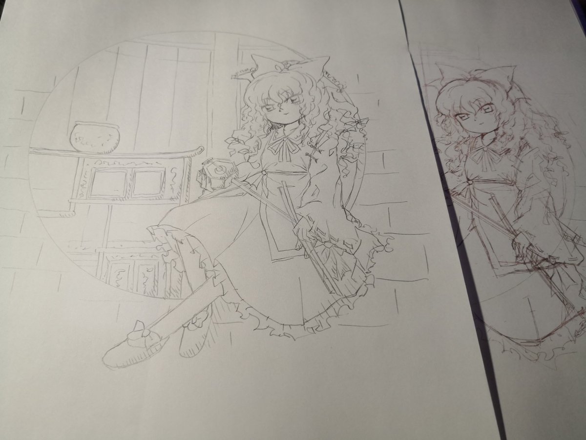 本当は今日、本に収録して発行する予定だったのですが出しそびれたので。
今回の蓬莱展の絵は元のラフをデジタル作業し、プリントアウトしたものを元にアナログ作画したものを再スキャンするという行程で制作しています。
のちほどこれの「完成絵」をメイキングとともに本に収録して発行予定です 