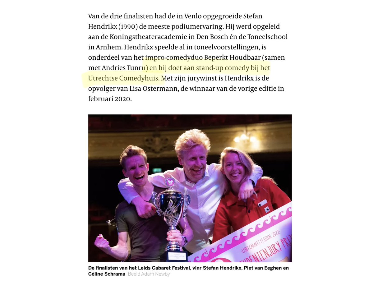 'Retegrappig'. Dat zeggen wij niet over Stefan Hendrikx, nee dat was gewoon het OFFICIËLE OORDEEL VAN DE JURY toen hij gisteravond het Leids Cabaretfestival won. Check de Volkskrant (met stijlvolle verwijzing naar het Comedyhuis). Lekker bezig, Steef!