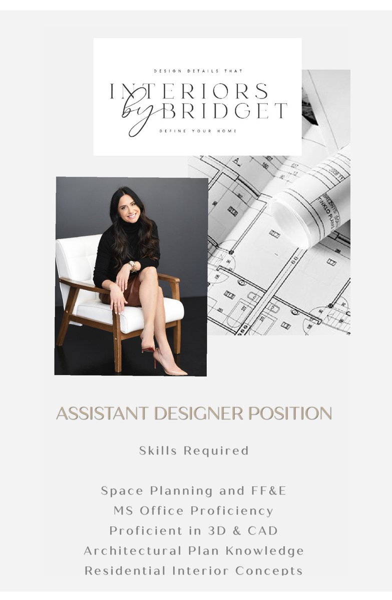 IDB_Bridget's tweet photo. Job post for Assistant/Jr Residential Designer. Email resume to bridget@interiorsbybridget.com #interiordesign #Massachusetts https://t.co/uop7FA4TQO