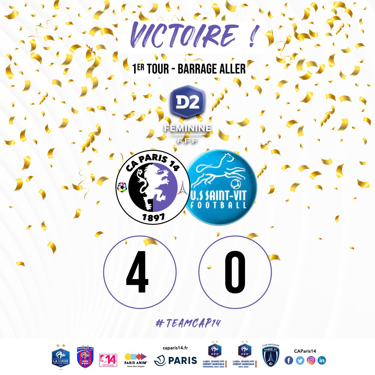 CAParis14's tweet photo. 💥🟣 𝙑𝙄𝘾𝙏𝙊𝙄𝙍𝙀 ! ⚫️🔥

C'est terminé, nos lionnes s'imposent 4 à 0 dans cette 1ère manche ! 🔥

Une belle option à confirmer dimanche prochain sur le terrain de Saint-Vit ! ⚔️

𝗨𝗻 𝗴𝗿𝗮𝗻𝗱 𝗯𝗿𝗮𝘃𝗼 ! 👏

@LPIFF75 @D75foot @PierreRabadan @carine_petit @Karim_Ziady https://t.co/OGTcavkpnT
