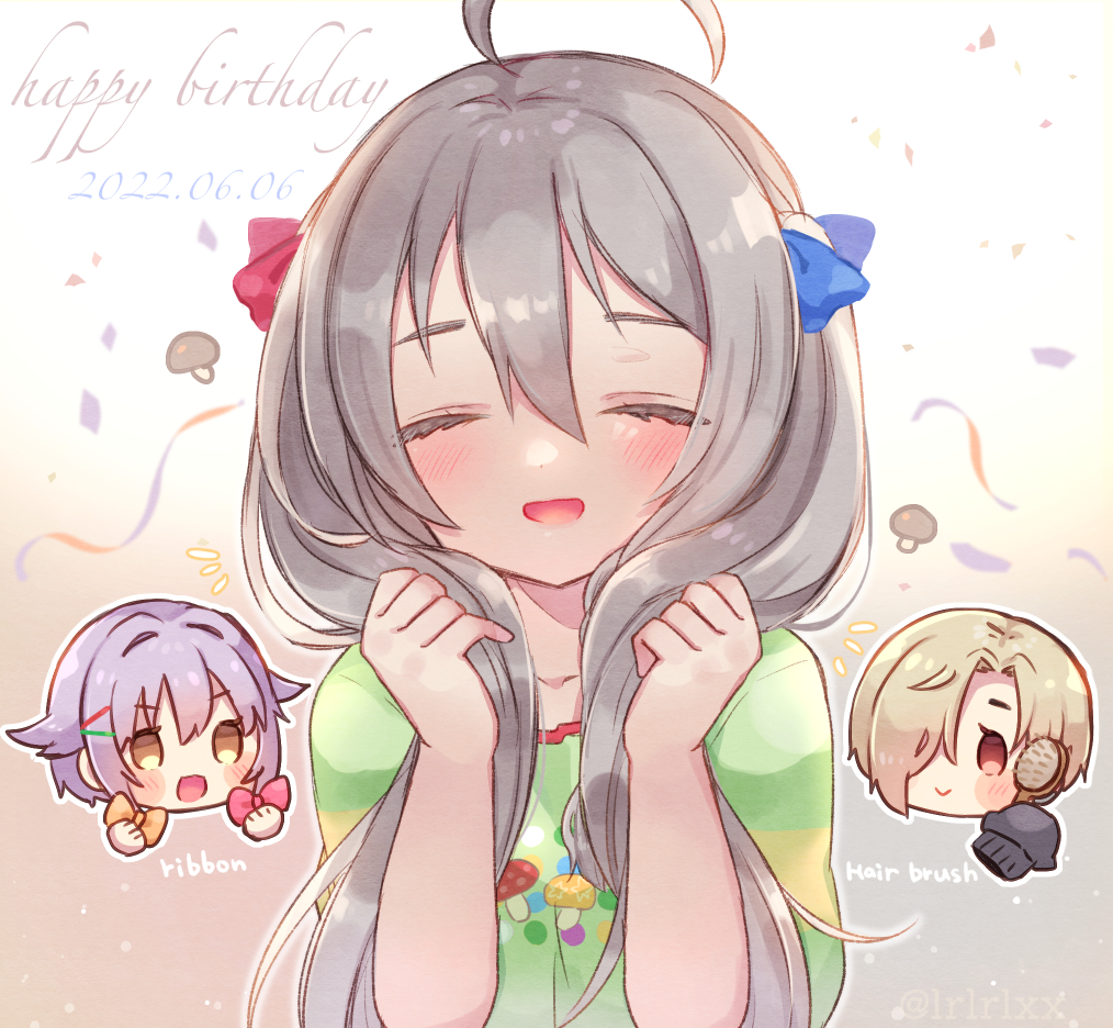 hoshi syoko ,koshimizu sachiko ,shirasaka koume mushroom 3girls multiple girls closed eyes ahoge smile happy birthday  illustration images