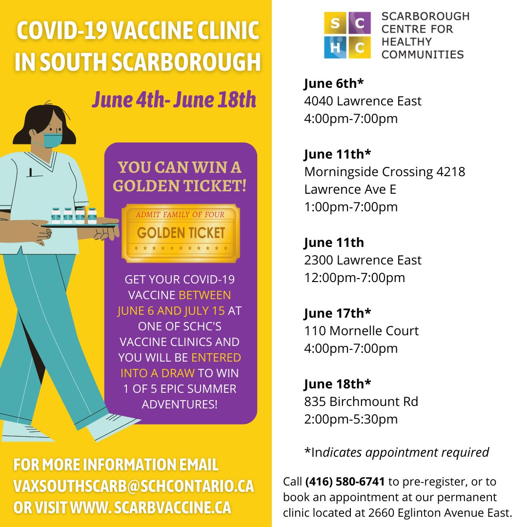 Here's where our vaccine ambassador team will be in the next 2 weeks! Take a look at the dates and locations for the #vaccineclinic popups as this can be your chance to win one of our golden tickets! Learn more at schcontario.ca/covid-19support  #ThisisourShotCA #SCHCKeepsYouSafe