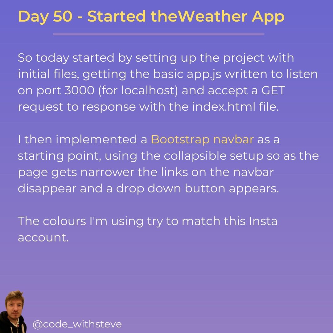code_withsteve's tweet image. 1 of 2 - Hello friends 👋 So it’s day 50 of #100daysofcodechallenge 🙂
.
Here’s a little update of theWeather app progress and the problem with the Navbar. Have you had the same issue?
.
🏷
#webdevelopment #softwaredeveloper #bootstrap #programmer #frontenddev #Frontend #tech