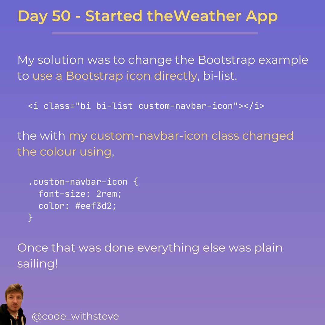 code_withsteve's tweet image. 2 of 2 - Hello friends 👋 So it’s day 50 of #100daysofcodechallenge 🙂
.
Here’s a little update of theWeather app progress and the problem with the Navbar. Have you had the same issue?
.
🏷
#webdevelopment #softwaredeveloper #bootstrap #programmer #frontenddev #Frontend #tech