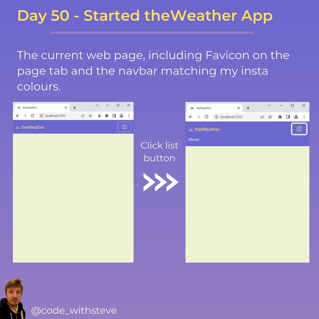 code_withsteve's tweet image. 2 of 2 - Hello friends 👋 So it’s day 50 of #100daysofcodechallenge 🙂
.
Here’s a little update of theWeather app progress and the problem with the Navbar. Have you had the same issue?
.
🏷
#webdevelopment #softwaredeveloper #bootstrap #programmer #frontenddev #Frontend #tech