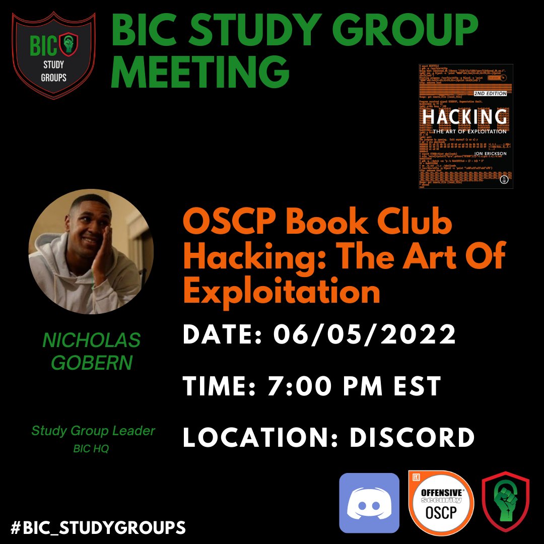BlackInCyberCo1's tweet image. 🚨 #BIC_StudyGroups are having a #OSCP Book Club Meeting and study group session for community members! ⏰ 

#blacksincybersecurity #blackincybersecurity #BIC #LitLikeBIC  #blacksIncyber #blackincyber #BIC_CLADP #infosec #OSCP #OffensiveSecurity #BIC_RTDP #BIC_REDTEAM