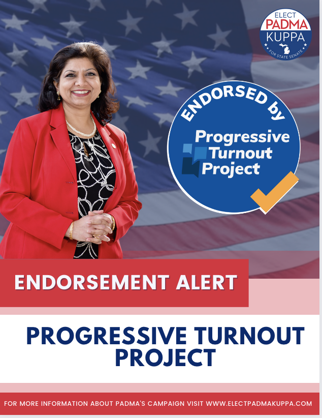 VotePadmaKuppa's tweet photo. I am thrilled to have Progressive Turnout Project’s support in this election! 🤍💙

#Endorsed #progressiveturnout #michigan #statesenate #vote #progress #showingup #democracy https://t.co/wA6FFlIpdc
