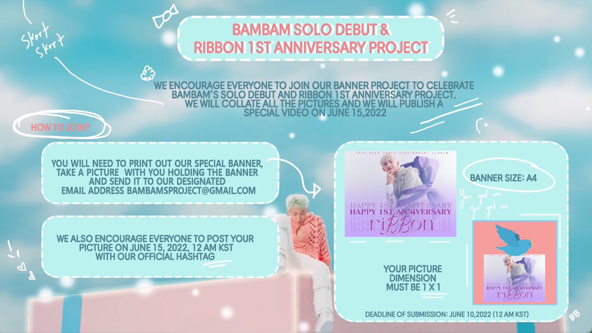 📢BamBam Solo Debut &amp; riBBon 1st Anniversary Project‼️

We invite everyone to join our banner project to celebrate BamBam’s Solo Debut &amp; riBBon 1st Anniversary Project. ☺️💚

Please see full details below👇

Banner Link: tinyurl.com/BamBamBanner 

#BamBam  #뱀뱀  #แบมแบม #GOT7