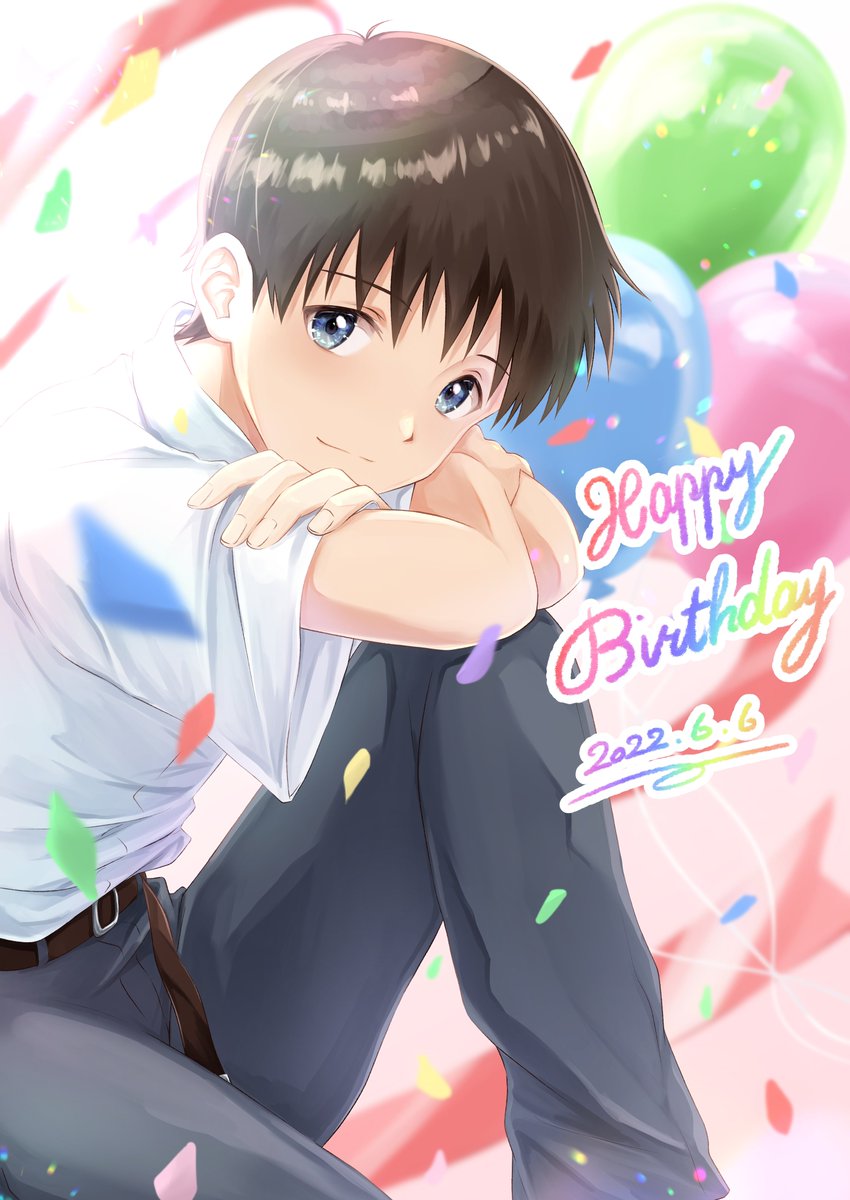 ikari shinji 1boy male focus solo shirt happy birthday pants white shirt  illustration images