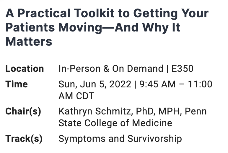 ErinGillespieMD's tweet photo. #ASCO22 educational session on #exercise in #oncology with @fitaftercancer moderating! #caredelivery #symptomscience https://t.co/HqKOXo08PR