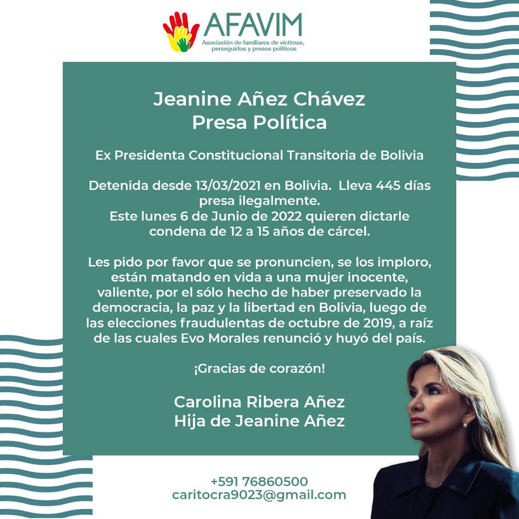 Jeanine Añez es una martir de la dictadura , del irrespeto a los derechos humanos. Solidaridad con esta mujer simbolo de la democracia, presa por odios y facturas crueles de totalitarios.