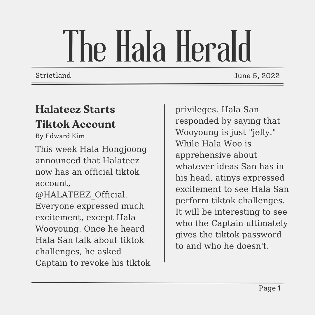 Ha1aReporter's tweet photo. [📰] Sunday: 06.05.22

Halateez Starts Tiktok Account

#HalaHerald #HalaUpdate #Halateez #ATEEZ #에이티즈 https://t.co/YOYuzUaLvo